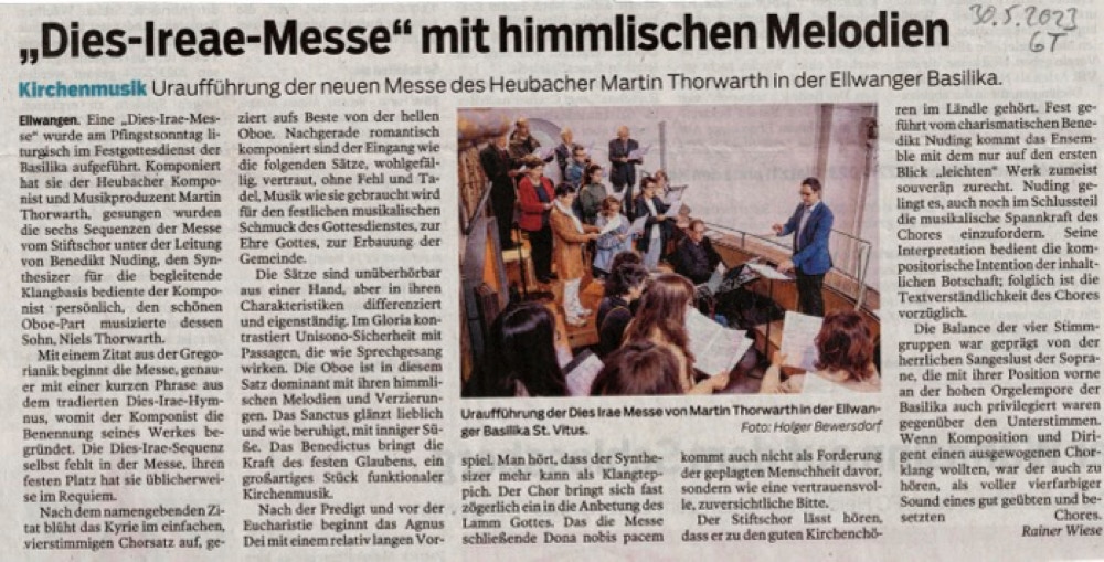 Zeitungsbericht zur Uraufführung der Dies Irae Messe von Martin Thorwarth