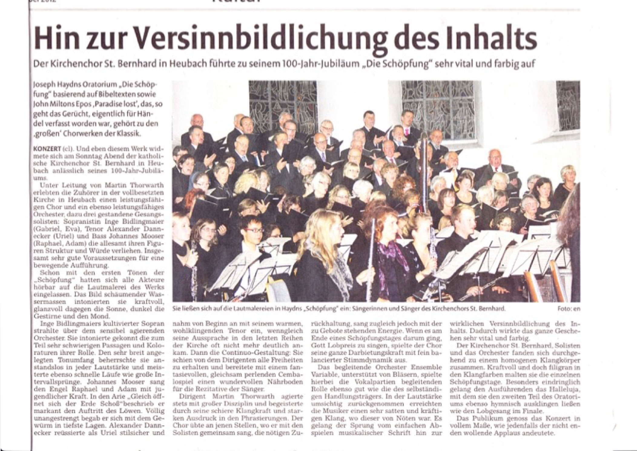 Zeitungsberricht zur Aufführung der Oratoriums "Die Schöpfung" von Joseph Haydn