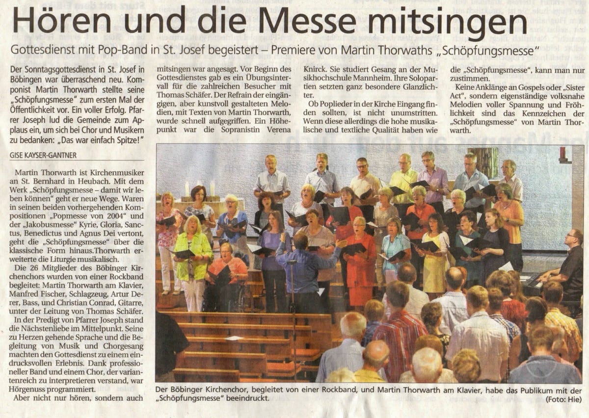 Zeitungsbericht zur Uraufführung der Schöpfungsmesse von Martin Thorwarth