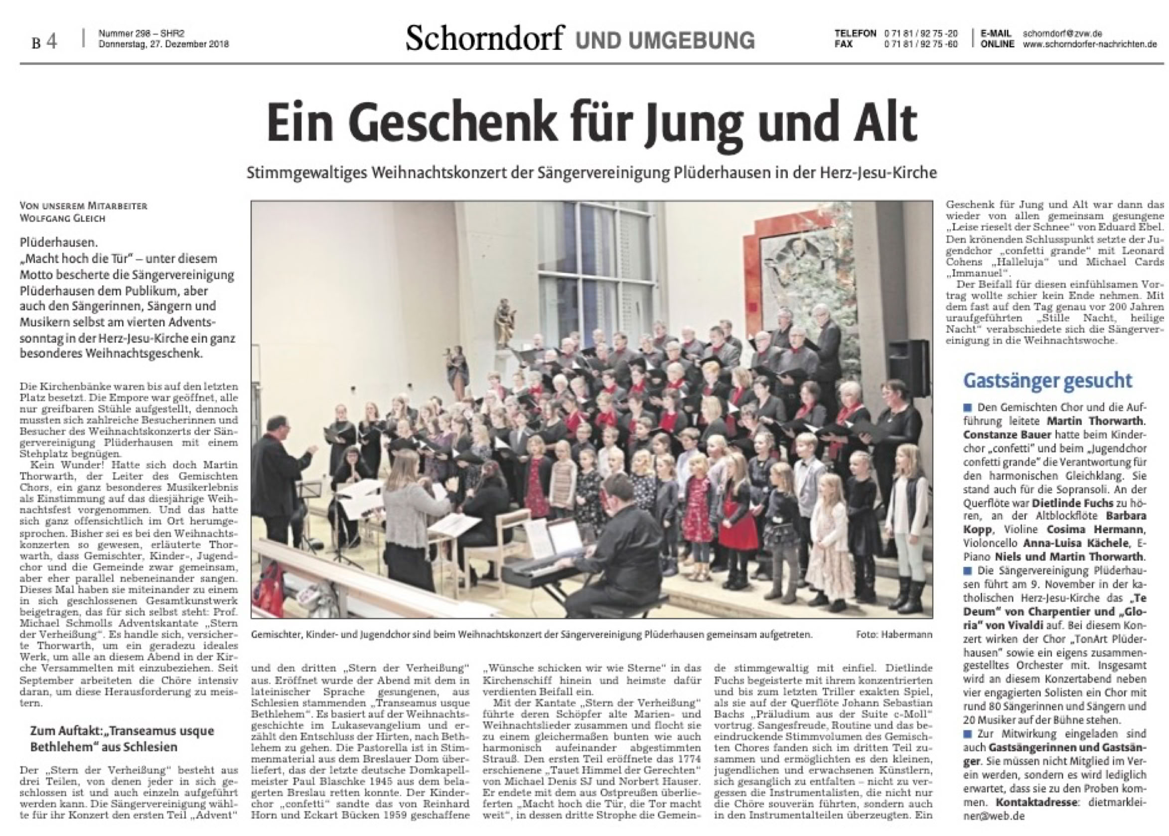 Zeitungsbericht zur Aufführung des traditionellen Weihnachtskonzertes "Macht hoch die Tür" im Jahr 2018 in Plüderhausen
