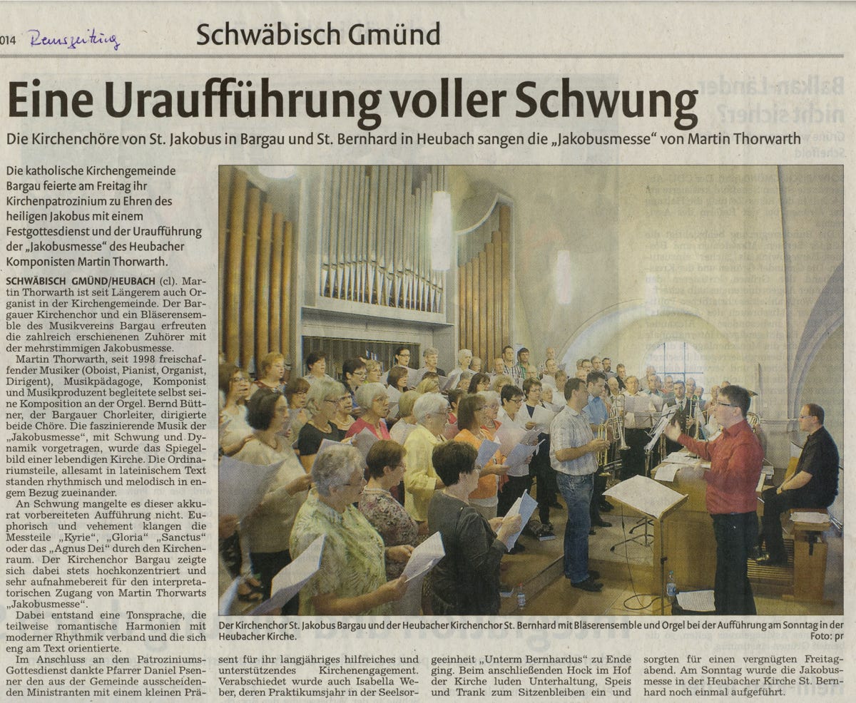 Zeitungsbericht zur Uraufführung der Jakobusmesse von Martin Thorwarth