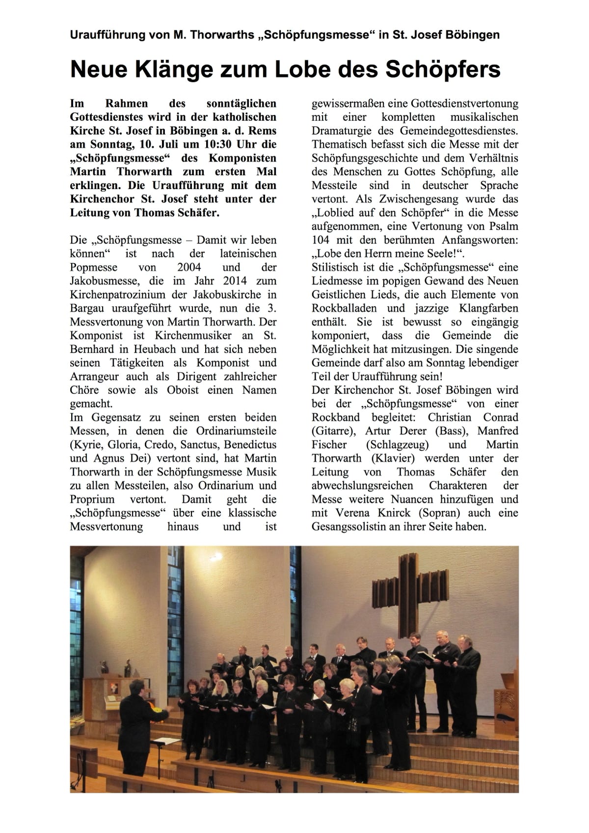 Zeitungsbericht zur Uraufführung der Schöpfungsmesse von Martin Thorwarth